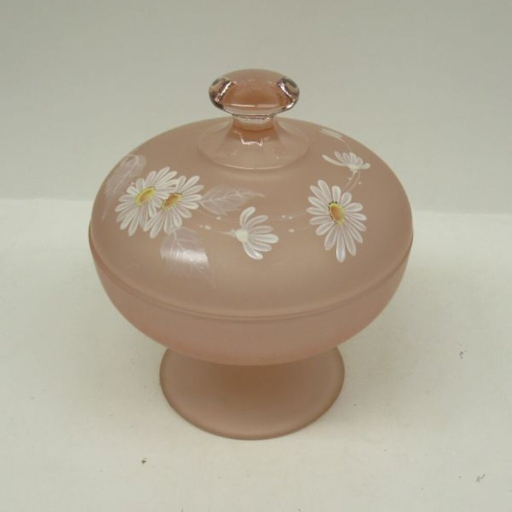 Westmoreland Glass Pink Mist hp DAISIES Footed Candy Dish w/Lid, Original Label